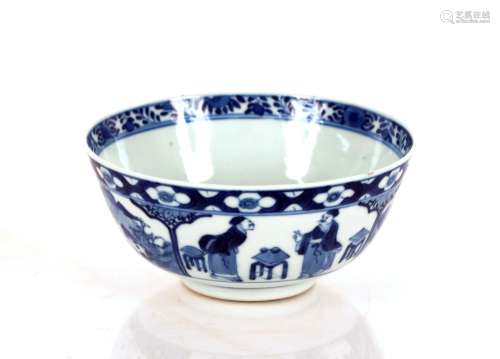 A Chinese blue and white bowl, decorated with panels of figu...