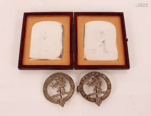 Two white metal regimental badges, and a double daguerreotyp...