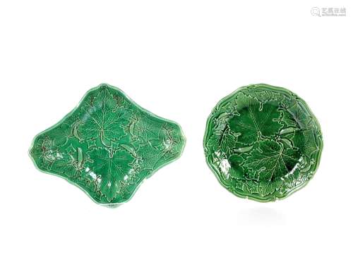 A green leaf Majolica type lozenge shaped serving dish, and ...