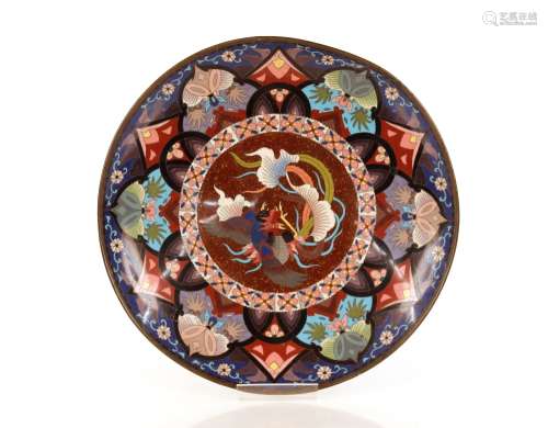 An antique cloisonné shallow dish, decorated central study o...