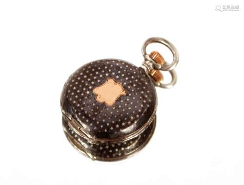 A small silver and black enamel pocket watch