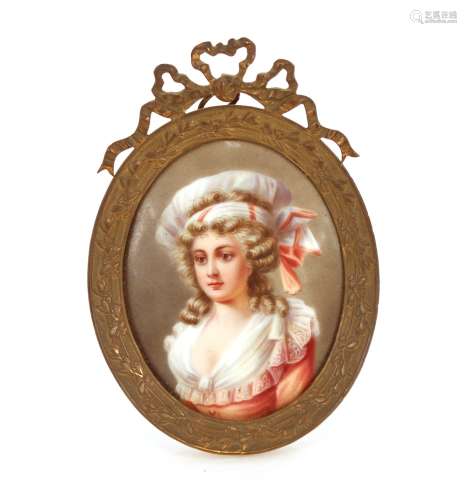 A miniature portrait, on porcelain panel of a young French g...