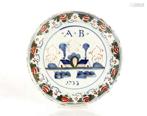 A rare 18th Century Bristol Delftware polychrome plate, naiv...