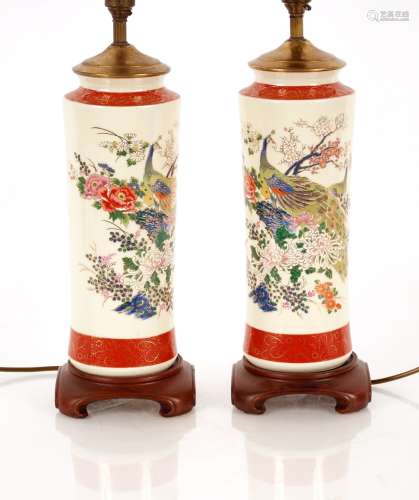 A pair of Satsuma design table lamps, of cylindrical form de...