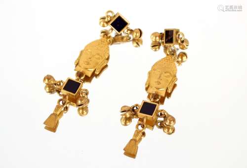 A pair of silver gilt ear-rings, in the form of masks with b...