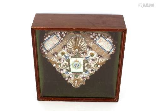 A cased sweetheart pin cushion, inscribed 