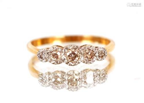 An 18ct gold ring, set five graduated diamonds, 1.5gms total...