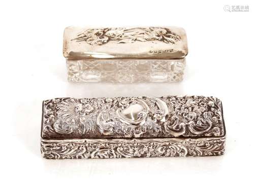 A silver foliate embossed oblong trinket box; and a cut glas...