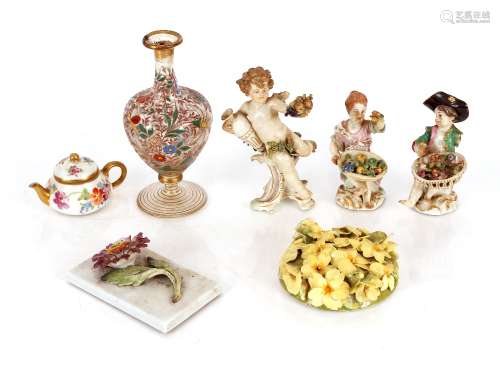 Three Meissen small porcelain figures, a Dresden miniature t...