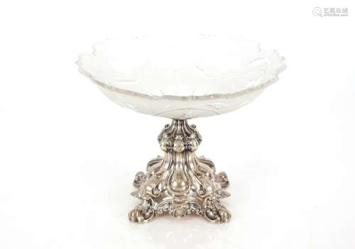 A cut glass and white metal mounted tazza, 23cm dia. x 18cm ...