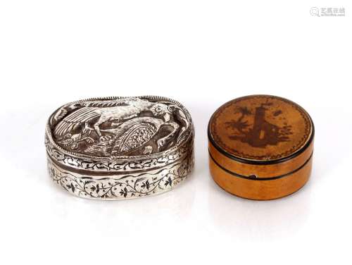 An antique silver and enamel oval snuff box, with bird decor...