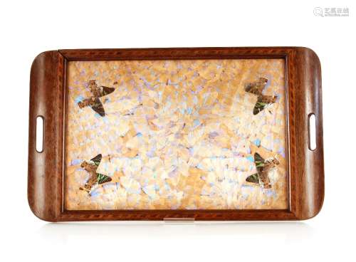 A butterfly wing decorated tray, 65cm