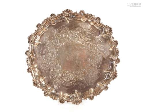 A William IV silver card tray, having shell and floral decor...