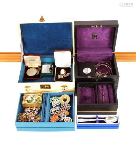 Two jewellery boxes and contents, including silver jewellery...