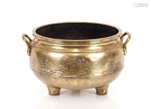 A 19th Century Chinese bronze censer, of large size, flanked...