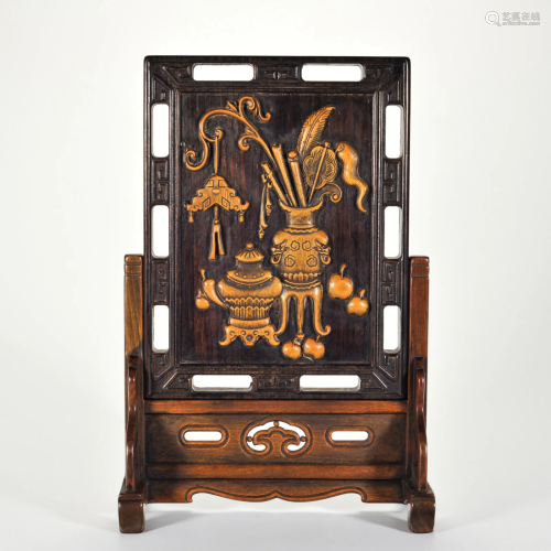 A Carved Bamboo Table Screen Qing Dynasty