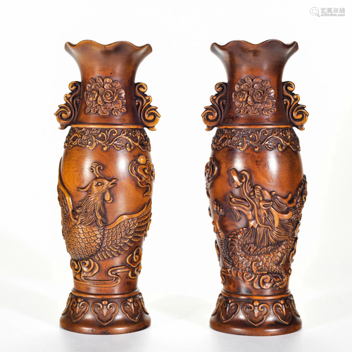 Pair Carved Boxwood Vases Qing Dynasty