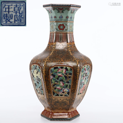 A Famille Rose Hexagonal Vase Qing Dynasty