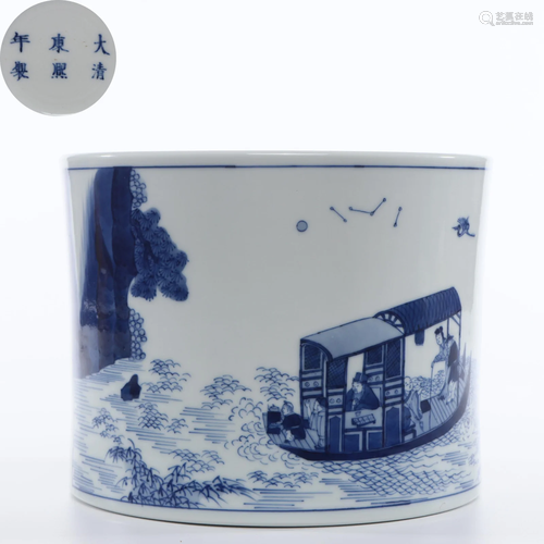 A Blue and White Landscape Brushpot Qing Dynasty