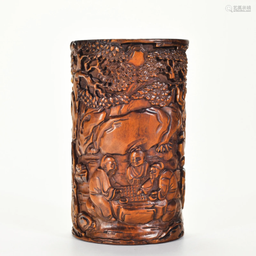 A Carved Boxwood Figural Story Brushpot Qing Dynasty