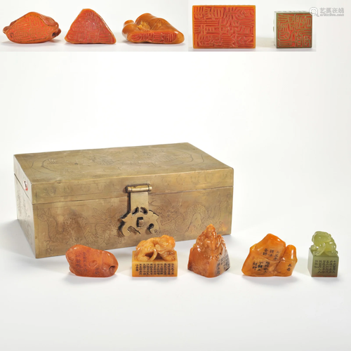 A Group of Five Carved Tianhuang Seals with Box Qing