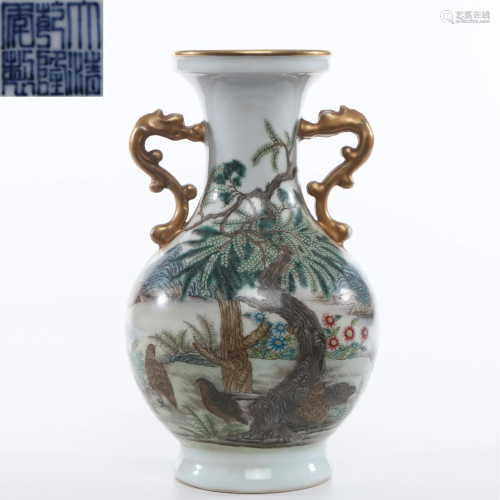 A Famille Rose Vase with Double Handles Qing Dynasty