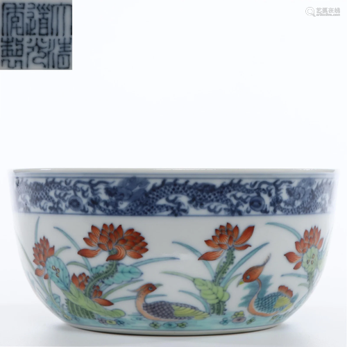 A Famille Verte Lotus Pond Bowl Qing Dynasty