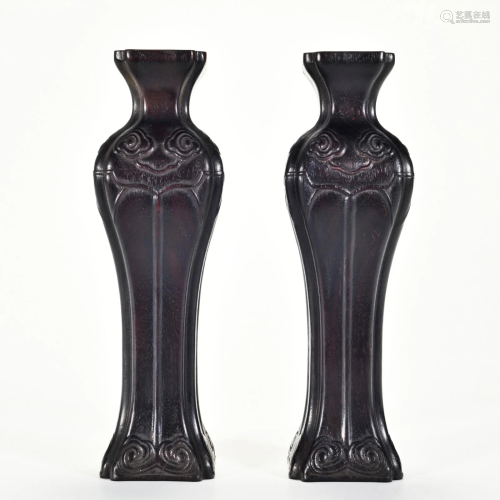 Pair Carved Rosewood Vases Qing Dynasty