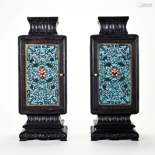 Pair Cloisonne Enamel Inlaid Vases Qing Dynasty