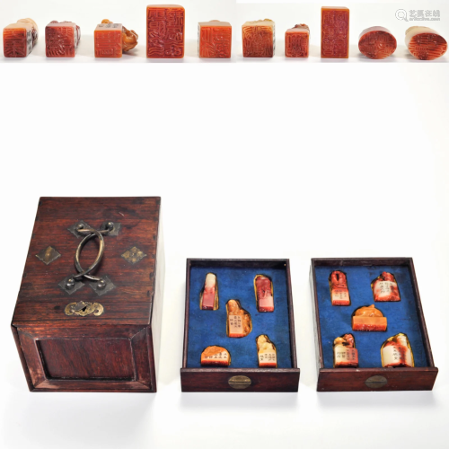 A Collection of Ten Carved Tianhuang Seals with Box