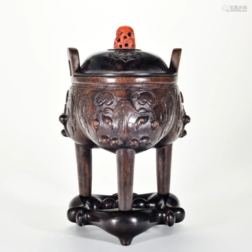A Carved Aloeswood Tripod Censer Qing Dynasty