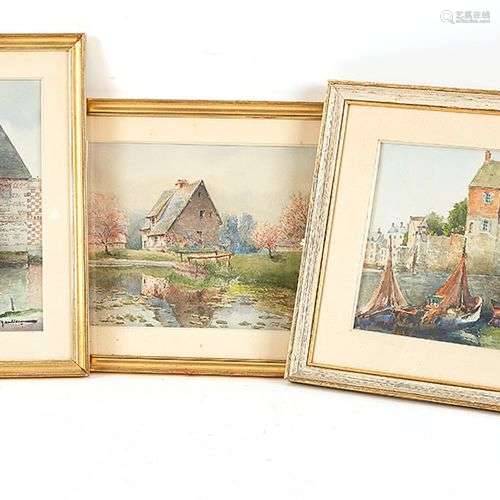 R. CHAUSSON (XX) Trois vues de Normandie Trois aquarelles si...