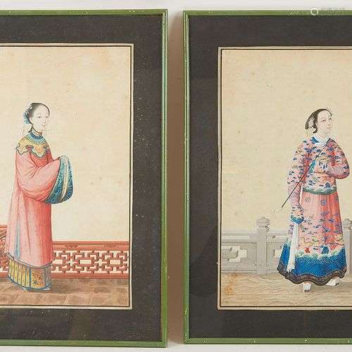 CHINE Deux portraits de jeune femme Deux gouaches sur papier...