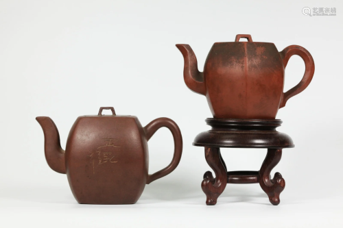 2 Chinese Yixing Teapots; 4 & 6 Bulbous Sides