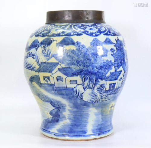 Lg Chinese 18 C Blue & White Porcelain Storage Jar