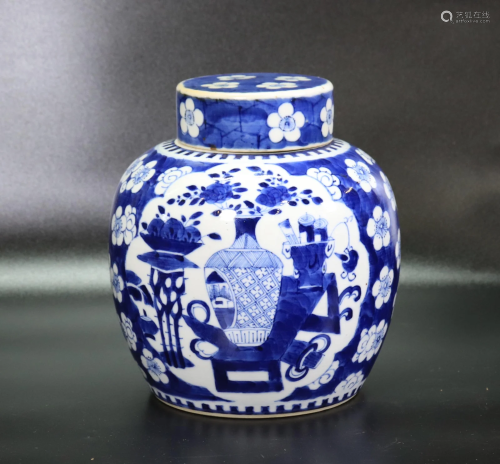 Chinese Qing Blue White Porcelain Tea Jar & Cover