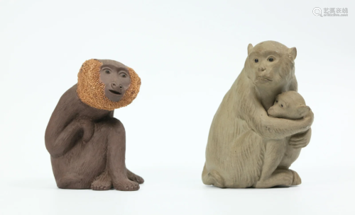 2 Chinese Yixing Ceramic Miniature Monkey Groups