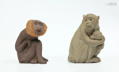 2 Chinese Yixing Ceramic Miniature Monkey Groups