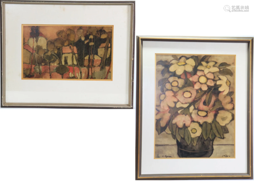 2 European Colored Ink Paper; Bouquet & Landscape
