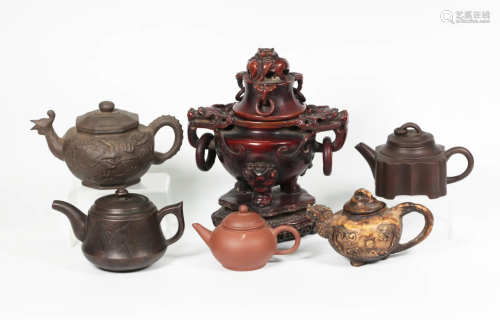 4 Chinese Yixing Teapots; Resin Censer & Waterpot
