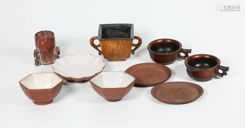 9 Chinese Yixing, Hard Wood, Shoushan Cups