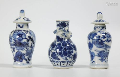 3 Chinese Miniature Blue & White Porcelain Vases