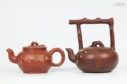 2 Chinese Yixing Teapots; Overhead Twig Handle