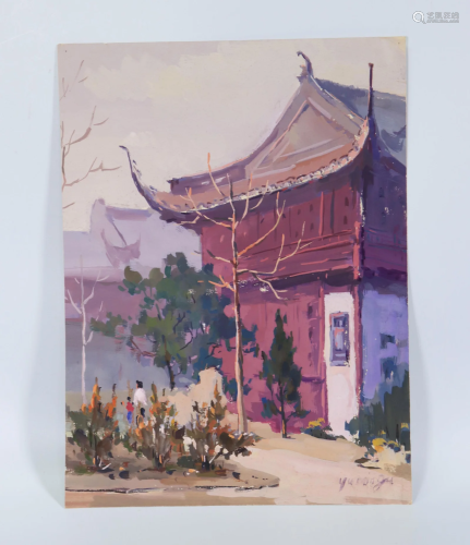 Yu Min Gu; Watercolor Shanghai Temple ca 1962