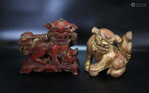 2 Chinese Qing Hard Wood Lacquer Fu Dog Carvings