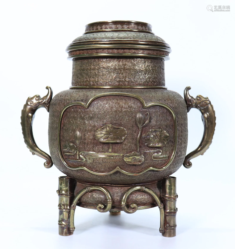 Large Japanese Bronze Covered Incense Burner