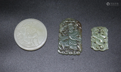 3 Chinese Pendants, 2 Jade 1 Hard Stone