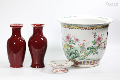 4 Chinese Porcelains; 2 Red Vases, Planter, Dish