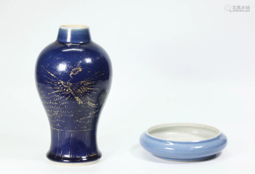 Chinese Qing Porcelains Blue Washer & Vase