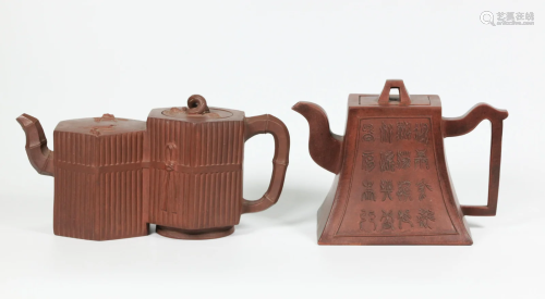 2 Chinese Molded Yixing Teapots; Hexagon & 4 Sided